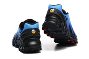 Blue and black Nike Air Max DN8 sneakers shown from the heel and outsole.