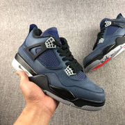 Full side view of a dark navy high-top sneaker with black overlays, white midsole, and grey outsole.