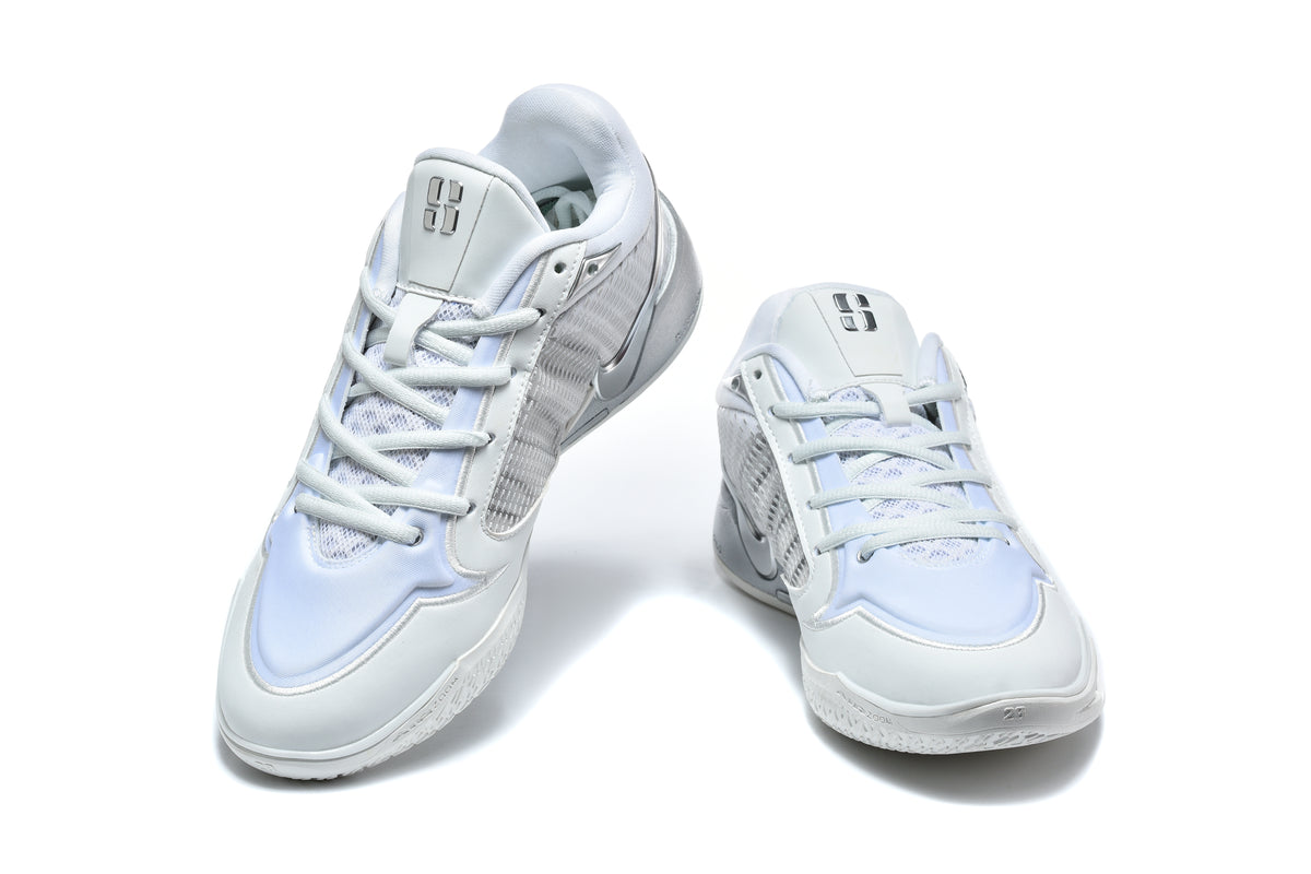 Pair of white and silver Nike LeBron basketball shoes shown from above
