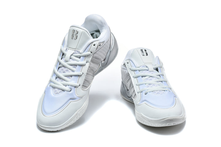 Pair of white and silver Nike LeBron basketball shoes shown from above
