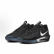 Pair of black Nike basketball sneakers with white Swooshes and dark translucent outsoles.