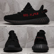 Collage showing side, front, and rear views of the black sneakers with red accent details.