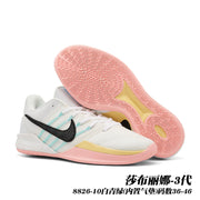 White Sabrina 3 basketball shoes with pale aqua accents, black Swoosh, and pink outsole; caption gives style code 8826-10 and sizes 36–46.