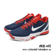 Navy, red, and white Nike Kobe 6 style basketball sneakers with textured uppers and contrasting side logos; image text identifies style 8051-1 and sizes 40-46.