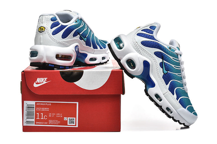 Blue, teal, and white Nike Air Max Plus sneakers displayed with a shoebox label showing EU 28.