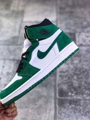 Side profile highlighting the green overlays, white panels, and dark ankle logo.