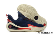 Navy Curry 12 901-02 basketball shoes with red accents and an off-white outsole.