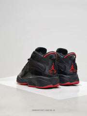 Rear three-quarter view showing red heel trim, Jordan branding, and AIR embroidery.