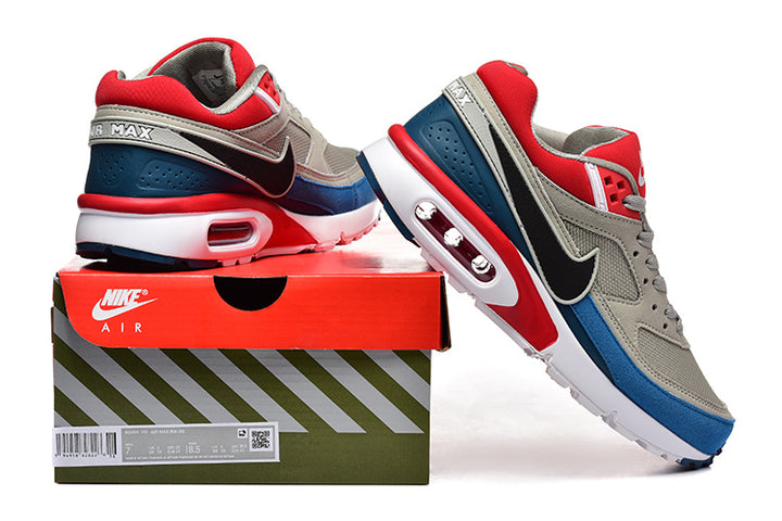 Nike Air Max BW sneakers in grey, blue, red, black, and white, shown with a shoe box.