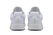 Rear view of white basketball shoes with textured heel panels and teal details.