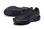 Pair of black Nike Air Max Plus sneakers with purple accents shown from above and at an angle