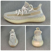 Collage showing side, front, and rear views of the gray and cream sneaker design.