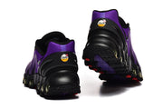 Rear view of purple and black Nike Air Max DN8 sneakers showing the heel and outsole.