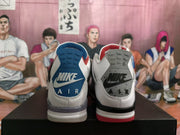 Rear view of the Jordan sneakers showing contrasting blue and gray heel panels with Nike Air branding.