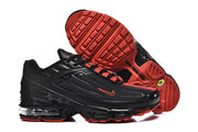 Black and red Nike Air Max Plus III sneakers shown from the side and outsole.