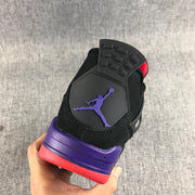 Rear view showing the black heel panel, purple heel section, red outsole edge, and Jordan logo.