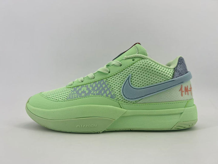 Side view of a green Nike low-top sneaker with mesh panels, patterned overlays, a contrasting swoosh, and a green sole.
