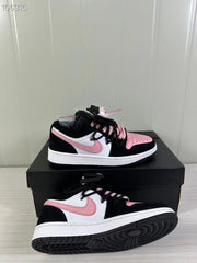 Low-top sneaker pair shown from the side and outsole angle, with black tread, white midsoles, and pink accents.
