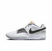 White and black low-top basketball sneaker with gray details and a sculpted white outsole.