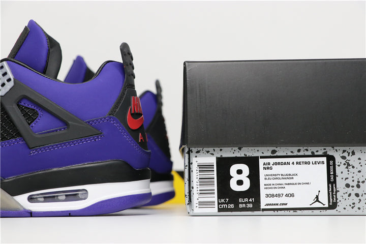 Purple and black Jordan sneakers beside a box showing the Air Jordan 4 Retro Levi's label and sample size details.