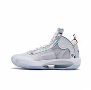 White and light grey Air Jordan 34 basketball shoe with iridescent trim and a translucent blue outsole.