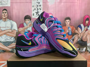 Angled view of purple Nike sneakers displaying the side swoosh, layered upper detailing, and contrasting yellow toe panels.