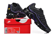 Black and purple Nike Air Max Plus sneakers displayed with a box showing the style code HV8066-001