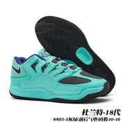 Teal basketball sneakers with black outsoles and dark mesh panels; image text identifies style 8805-3 and sizes 40-46.