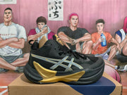 Side profile of a black ASICS Metarise shoe with gold accents