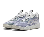Pale purple and white Puma MB 4.0 basketball sneakers with a light-colored outsole.