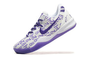 White and purple Kobe 8 Protro shoe, angled side view.