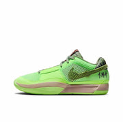 Side view of a bright neon green low-top basketball sneaker with a patterned Swoosh and muted midsole.