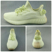 Composite view showing side, top, and rear angles of the pale butter-yellow sneakers.