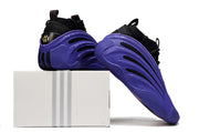 Purple Adidas Harden Vol. 9 Snake Year edition sneakers displayed with a plain shoebox.