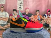 Side view showing red forefoot panels, a black mesh side panel, and an orange Swoosh.