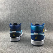 Rear view of both sneakers showing padded collars, heel branding and contrasting blue panels.