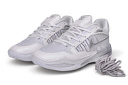 Pair of white and silver Nike Sabrina 4 basketball shoes viewed from the front