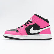 Side profile of a hot pink, black, and white high-top sneaker with a white side logo and layered sole.
