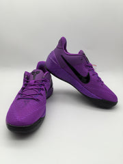 Pair of purple Nike basketball sneakers with black Swoosh branding shown from front and side angles.
