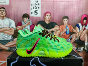 Side profile of a green Nike sneaker with raised geometric upper details, dark laces, pink Swoosh trim, and visible ZoomX marking.