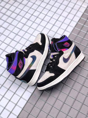 Pair of black, white and purple high-top sneakers arranged on a gridded surface.