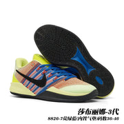 Lime, blue, and orange Sabrina 3 basketball shoes with black Swoosh, shown with the patterned outsole; caption gives style code 8826-7 and sizes 36–46.
