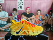 Side view of the yellow sneaker showing a dark Swoosh, textured upper, and Zoom branding near the midsole.