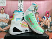 Pair of multicolor high-top basketball shoes shown from the side