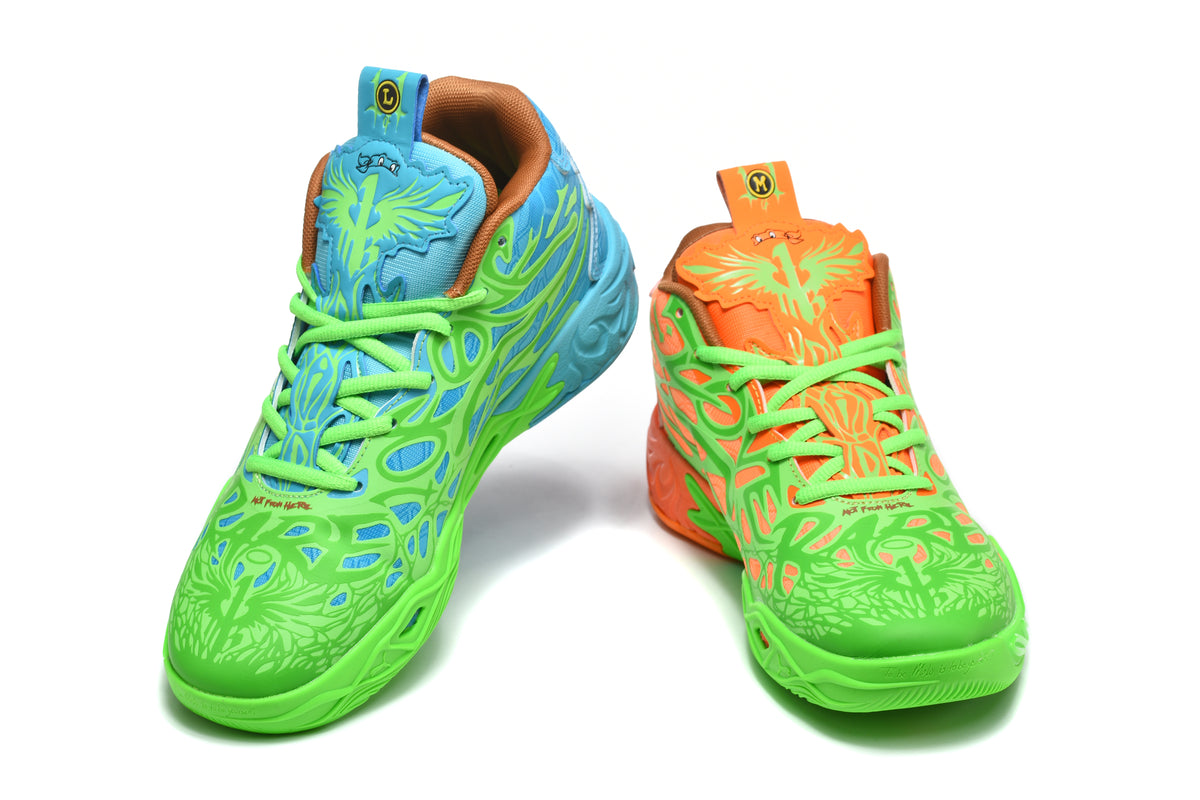 Pair of blue and orange Puma M.E.L.O. high-top sneakers with green overlays and laces shown from the front.