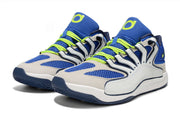 Pair of white and royal blue Nike KD 18 sneakers with lime laces.