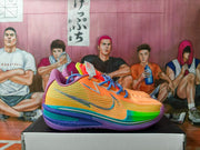 Side view of a multicolor Nike basketball sneaker with an orange textured upper, dark swoosh, green forefoot accent, and layered purple-and-blue sole.