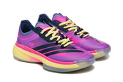 Pair of purple and pink adidas shoes with dark stripes and pale yellow laces, shown at an angle.