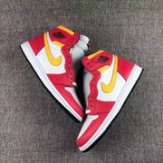 Side view of both sneakers showing the high-top shape, yellow swooshes and white midsoles.