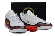 White, black and red Nike LeBron 23 basketball shoes displayed with a black shoebox and red laces.
